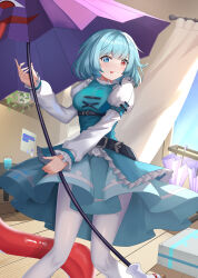 Rule 34 | 1girl, :q, absurdres, belt, blue eyes, blue hair, blue skirt, blue vest, blush, closed mouth, commentary request, curtains, heterochromia, highres, holding, holding umbrella, indoors, juliet sleeves, kogasa day, long sleeves, looking at viewer, pantyhose, puffy sleeves, purple umbrella, qinyuzhen, red eyes, shirt, short hair, skirt, solo, tatara kogasa, tongue, tongue out, touhou, umbrella, vest, white pantyhose, white shirt