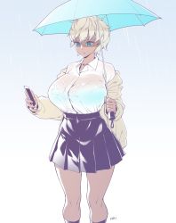 Rule 34 | 1girl, beige sweater, black footwear, blonde hair, blue eyes, bra visible through clothes, breasts, collared shirt, dress shirt, f.w.zholic, highres, holding, holding phone, holding umbrella, huge breasts, large breasts, off shoulder, original, outdoors, phone, rain, school uniform, see-through, shirt, shirt tucked in, short hair, skirt, solo, standing, tan, umbrella, wet, wet clothes, wet shirt, white shirt