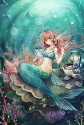 Rule 34 | 1girl, animal, animal ears, bad id, bad pixiv id, bottle, bubble, clam, clam shell, coral, fins, fish, gem, green eyes, head fins, light rays, long hair, looking at viewer, mermaid, monster girl, ocean, outdoors, pearl (gemstone), perfume bottle, pink hair, senano-yu, shell, silhouette, sitting, smile, solo, submerged, sunlight, underwater, water