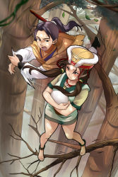Rule 34 | 1boy, 1girl, absurdres, ah nu (xian jian qi xia zhuan), anklet, bad id, bad pixiv id, bare legs, barefoot, blush, branch, brown hair, chinese clothes, cloak, dodging, dress, egg, eye contact, falling, hanfu, hat, highres, holding, in tree, jewelry, jumping, legs, li xiaoyao (xian jian qi xia zhuan), long hair, looking at another, necklace, omoneyatsu, open mouth, ponytail, short dress, short twintails, standing, sweat, sweatdrop, sword, sword behind back, tooth necklace, traditional clothes, tree, tunic, twintails, weapon, xianjian qixia zhuan, yewang19
