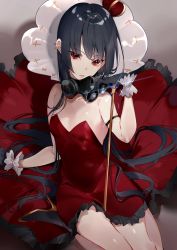 Rule 34 | 1girl, black gloves, black hair, breasts, collar, collarbone, commentary request, crown, dress, ear piercing, feet out of frame, frills, gas mask, gloves, highres, long hair, looking at viewer, mask, mask around neck, mini crown, miwano rag, multiple piercings, original, parted lips, piercing, red dress, red eyes, scepter, sidelocks, sitting, small breasts, solo, sparkle, thighs