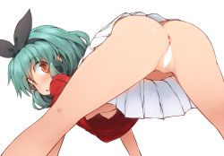 Rule 34 | 10s, 1girl, :o, anus, ass, asterisk (asterism), bent over, black hairband, black wings, blurry, blush, breasts, censored, commentary request, curly hair, depth of field, foreshortening, from behind, green hair, hair ribbon, hairband, hanging breasts, idolmaster, idolmaster million live!, legs apart, looking back, medium hair, nipples, no bra, no panties, open mouth, pleated skirt, pussy, red shirt, ribbon, shirt, simple background, skirt, solo, speech bubble, spread legs, tareme, tokugawa matsuri, upskirt, white background, white skirt, wings