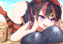 Rule 34 | 1girl, ariduka formica, beach, black hair, black thighhighs, blue one-piece swimsuit, breasts, flower, hair flower, hair ornament, hairpin, highres, large breasts, looking at viewer, maruakiho, mole, mole under eye, multicolored hair, one-piece swimsuit, open mouth, purple eyes, red hair, red thighhighs, sand, school swimsuit, sharp teeth, smile, solo, streaked hair, striped clothes, striped thighhighs, swimsuit, teeth, thighhighs, two side up, upper teeth only, virtual ant channel, virtual youtuber, water