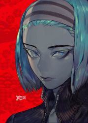 Rule 34 | 1other, androgynous, blue eyes, blue hair, closed mouth, colored skin, grey skin, hairband, highres, jacket, looking at viewer, medium hair, original, pigeon666, portrait, red background, ringed eyes, sanpaku, signature, solo