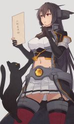 Rule 34 | 1girl, 1other, animal, black coat, black gloves, black hair, cat, clothing cutout, coat, cowboy shot, elbow gloves, gloves, gluteal fold, grey eyes, hair between eyes, hand on own chin, hands up, headgear, holding, holding paper, kantai collection, kasumi (skchkko), long coat, long hair, nagato (kancolle), navel, paper, parted lips, partially fingerless gloves, pleated skirt, red eyes, red thighhighs, simple background, skirt, stomach, stomach cutout, thighhighs, thinking, translated, white skirt, zettai ryouiki