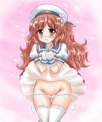 Rule 34 | 1girl, beret, blush, brown hair, closed mouth, commentary request, flower, gloves, green eyes, groin, hair flower, hair ornament, hat, have to pee, kantai collection, lifted by self, looking at viewer, panties, petals, pink background, simple background, skirt, tachibana hiroki, thighhighs, underwear, yashiro (kancolle)