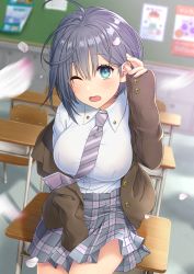 Rule 34 | 1girl, ahoge, aimori meguru, animal ears, bad id, bad pixiv id, blazer, blue eyes, blurry, blurry background, blush, breasts, brown jacket, chair, cherry blossoms, collared shirt, commentary request, depth of field, desk, diagonal stripes, dress shirt, fingernails, grey hair, grey skirt, hair between eyes, highres, indoors, jacket, large breasts, long sleeves, necktie, off shoulder, on desk, one eye closed, open clothes, open jacket, open mouth, original, petals, plaid, plaid skirt, school chair, school desk, school uniform, shirt, sitting, skirt, sleeves past fingers, sleeves past wrists, solo, striped necktie, striped neckwear, white shirt