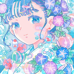 Rule 34 | 1girl, air bubble, bag, bagged fish earrings, bandaid, bandaid on cheek, bandaid on face, blue eyes, blue flower, blue hair, blush, bubble, closed mouth, colored eyelashes, commentary request, earrings, fish, floral print, flower, food-themed earrings, goldfish, highres, hiro046k, japanese clothes, jewelry, kimono, looking at viewer, morning glory, original, portrait, purple flower, shaved ice earrings, smile, solo, split mouth, water yoyo, white kimono, yukata