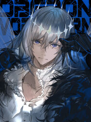 Rule 34 | 1boy, arthropod boy, blue background, blue eyes, cape, character name, collared shirt, crown, diamond hairband, dragonfly wings, fate/grand order, fate (series), flprayer, fur-trimmed cape, fur trim, grey hair, highres, insect wings, looking at viewer, male focus, medium hair, oberon (fate), oberon (third ascension) (fate), shirt, solo, spoilers, upper body, white shirt, wings