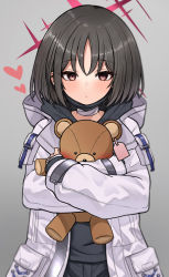 Rule 34 | 1girl, bandaged neck, bandages, black hair, black mask, blue archive, brown eyes, coat, halo, heart, highres, holding, holding stuffed toy, hood, hood down, hooded coat, hugging doll, hugging object, long sleeves, looking at viewer, mask, mask around neck, mask pull, misaki (blue archive), mitsumine raimu, mouth mask, short hair, solo, stuffed animal, stuffed toy, teddy bear, upper body, white coat