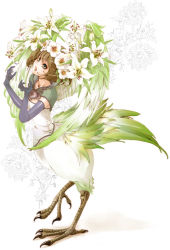 Rule 34 | 1girl, brown hair, cockatrice, elbow gloves, elle (lom), feathered wings, feathers, floral background, flower, gloves, green eyes, hair flower, hair ornament, legend of mana, monster girl, seiken densetsu, seqet-aru, short hair, simple background, solo, wings