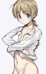Rule 34 | 1girl, ahoge, blonde hair, blue eyes, breasts, cleavage, cowboy shot, dress shirt, fankupl, groin tendon, highres, long hair, lynette bishop, navel, no panties, shirt, smile, strike witches, thighs, undressing, white background, white shirt, world witches series
