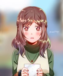 Rule 34 | 1girl, alternate hairstyle, blurry, blurry background, blush, brown eyes, brown hair, colored eyelashes, commentary request, d:, depth of field, furrowed brow, half updo, heart, heart necklace, holding, holding paper, joshikousei no mudazukai, juan mao, kikuchi akane, long hair, looking at viewer, nail polish, necklace, open mouth, paper, parted lips, red nails, solo, star (symbol), sweatdrop, turtleneck, twitter username, upper body