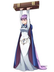 Rule 34 | 1girl, absurdly long hair, absurdres, archonaed, belly chain, blue dress, book, breasts, cape, carrying overhead, cloak, commission, commissioner upload, dress, fire emblem, fire emblem: the binding blade, highres, jewelry, long hair, long sleeves, medium breasts, navel, nintendo, purple hair, simple background, solo, sophia (fire emblem), tight dress, very long hair, white background