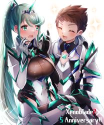 Rule 34 | 1boy, 1girl, absurdres, amanoru mozuku, anniversary, blush, brown hair, carrying, chest jewel, copyright name, embarrassed, gloves, green hair, highres, neon trim, official alternate costume, pneuma (xenoblade), ponytail, princess carry, rex (xenoblade), smile, spiked hair, spoilers, tiara, xenoblade chronicles (series), xenoblade chronicles 2