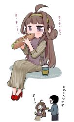 Rule 34 | 1boy, 1girl, ahoge, alternate costume, brown eyes, brown hair, commentary request, double bun, dress, eating, grey dress, hair bun, hairband, high heels, highres, kantai collection, kongou (kancolle), long hair, lr hijikata, red footwear, simple background, solo focus, striped clothes, striped dress, translation request, tumbler, white background
