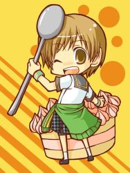 Rule 34 | 1girl, atlus, beniimo (donngame), brown eyes, brown hair, cake, chibi, donngame, food, holding, holding spoon, jacket, one eye closed, oversized object, pastry, persona, persona 4, satonaka chie, school uniform, short hair, skirt, smile, solo, spoon, tomboy, wink