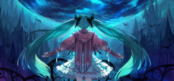 Rule 34 | 1girl, baisi shaonian, bird, bloodborne, blue hair, bridal gauntlets, capelet, castle, hair ribbon, hatsune miku, long hair, outstretched arms, ribbon, shirt, skirt, solo, twintails, very long hair, vocaloid