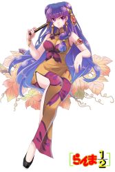 Rule 34 | 1girl, absurdres, armlet, breasts, china dress, chinese clothes, copyright name, double bun, dress, earrings, folded fan, folding fan, food, fruit, full body, grapes, hair bun, hair ornament, hand fan, highres, jewelry, jill lien, large breasts, long hair, purple eyes, purple hair, ranma 1/2, shampoo (ranma 1/2), shoes, side slit, simple background, sleeveless, sleeveless dress, solo, very long hair, white background