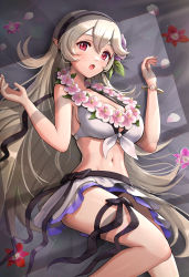 Rule 34 | 1girl, :o, bikini, bikini skirt, black hairband, breasts, cleavage, commentary request, corrin (female) (fire emblem), corrin (female) (summer) (fire emblem), corrin (fire emblem), fire emblem, fire emblem fates, fire emblem heroes, flower, flower necklace, gonzarez, grey hair, hair between eyes, hair flower, hair ornament, hairband, highres, jewelry, large breasts, long hair, looking at viewer, lying, navel, necklace, nintendo, official alternate costume, pink flower, red eyes, skirt, slit pupils, solo, stomach, swimsuit, very long hair, white bikini, white skirt