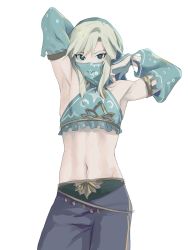 Rule 34 | 1boy, arabian clothes, armlet, armpits, bad id, bad pixiv id, blonde hair, blue eyes, bridal gauntlets, circlet, crossdressing, detached sleeves, earrings, gerudo set (zelda), harem pants, highres, jewelry, link, looking at viewer, male focus, midriff, mouth veil, navel, nintendo, official alternate costume, pants, pointy ears, simple background, smile, solo, stomach, the legend of zelda, the legend of zelda: breath of the wild, trap, veil, white background