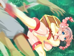 Rule 34 | blue eyes, blurry, breasts, cleavage, futawitch, highres, huge breasts, kicking, long hair, maid headdress, pectorals, penis, pink hair, potato house, sword, twintails, weapon