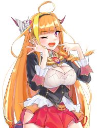 Rule 34 | 10v3tm5, 1girl, absurdres, ahoge, black bow, black hairband, black jacket, blonde hair, blouse, blunt bangs, blush, bow, bowtie, braid, breasts, bright pupils, brooch, chain, chain necklace, cleavage, cleavage cutout, clothing cutout, collared shirt, diagonal-striped bow, dragon girl, dragon horns, dragon tail, dragon wings, eyes visible through hair, fang, gradient eyes, hair ornament, hairband, hand on own cheek, hand on own face, highres, hip vent, hololive, horns, jacket, jewelry, kiryu coco, kiryu coco (1st costume), large breasts, long hair, looking at viewer, miniskirt, multicolored bow, multicolored eyes, multicolored hair, necklace, one eye closed, open mouth, orange hair, pleated skirt, pointy ears, purple eyes, red eyes, red skirt, shirt, side braid, simple background, single braid, skirt, smile, solo, streaked hair, striped, tail, upper body, very long hair, virtual youtuber, white background, white bow, white shirt, wings