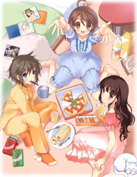 Rule 34 | 3girls, ahoge, arms up, bad id, bad pixiv id, barefoot, bed, bedroom, brown eyes, brown hair, cake, cat, cd, cup, feet, food, foreshortening, fork, glass, highres, long hair, mouth hold, mug, multiple girls, no shoes, open mouth, original, outstretched arms, outstretched hand, pajamas, pan (mimi), pizza, pizza slice, plate, pocky, reaching, short hair, sitting, sleepover, smile, wariza
