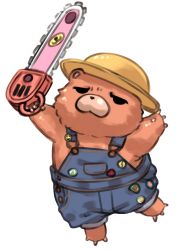 Rule 34 | chainsaw, cosplay, fate/grand order, fate (series), hayama kazusa, highres, orion (bear) (fate), overalls, paul bunyan (fate), paul bunyan (fate) (cosplay), paul bunyan (third ascension) (fate), simple background, solo, stuffed animal, stuffed toy, teddy bear, white background