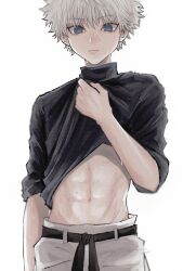 Rule 34 | 1boy, abs, arm at side, black shirt, blue eyes, closed mouth, clothes lift, grey hair, hand up, highres, hunter x hunter, killua zoldyck, lifted by self, looking at viewer, male focus, midriff, navel, oysi mysi, pants, sash, shirt, shirt lift, short hair, simple background, sleeves rolled up, solo, sweat, toned, toned male, turtleneck, twitter username, upper body, white background, white pants