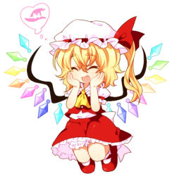 Rule 34 | 1girl, blonde hair, blush, closed eyes, fang, female focus, flandre scarlet, hands on own face, happy, hat, kiri futoshi, lowres, open mouth, ribbon, solo, thinking, thought bubble, touhou, wings, witch hat