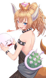 Rule 34 | &gt;:), 1girl, :d, armlet, backless outfit, bare back, black collar, black dress, black nails, blonde hair, blue eyes, blush, boo (mario), bowsette, bracelet, breasts, collar, commentary request, cowboy shot, crown, dress, eyelashes, fingernails, fire, from behind, hair between eyes, highres, jewelry, long hair, looking at viewer, looking back, mario (series), medium breasts, mini crown, mouth pull, nail polish, new super mario bros. u deluxe, nintendo, open mouth, ponytail, roke (taikodon), sharp fingernails, sharp teeth, sidelocks, simple background, smile, solo, spiked armlet, spiked bracelet, spiked collar, spiked shell, spikes, strapless, strapless dress, super crown, tail, tears, teeth, v-shaped eyebrows, white background