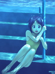 Rule 34 | 1girl, 2000, barefoot, blue theme, bob cut, bubble, dated, facing viewer, flat chest, looking at viewer, love hina, maehara shinobu, one-piece swimsuit, petite, rohimo, short hair, skinny, solo, swimsuit, underwater, yellow one-piece swimsuit