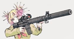 Rule 34 | 10s, 1girl, :/, ar-15, blonde hair, blue sailor collar, boku no hero academia, buttons, cardigan, closed mouth, double bun, eyebrows, finger on trigger, gun, hair bun, highres, holding, holding gun, holding weapon, long sleeves, looking away, looking to the side, magazine (weapon), messy hair, neckerchief, orange eyes, red neckerchief, rifle, sailor collar, saitama (antitankromeo), school uniform, scope, serafuku, short hair, silver background, simple background, sleeves past wrists, solo, toga himiko, upper body, weapon, weapon request