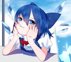 Rule 34 | 1girl, blue bow, blue eyes, blue hair, blue sky, bow, bowtie, cirno, detached wings, doyagao, dress, drinking straw, fairy, hair between eyes, hair bow, ice, ice wings, ikurauni, looking at viewer, pinafore dress, puffy short sleeves, puffy sleeves, red bow, red bowtie, shirt, short hair, short sleeves, sky, sleeveless dress, smile, smug, solo, touhou, v-shaped eyebrows, white shirt, wings