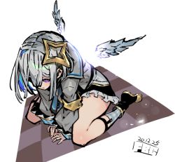 Rule 34 | 1girl, amane kanata, armband, black footwear, black skirt, blue hair, boots, checkered floor, closed mouth, dated, fbc, feathered wings, frilled skirt, frills, grey hair, grey jacket, hololive, jacket, long sleeves, looking at viewer, multicolored hair, plaid, plaid legwear, puffy long sleeves, puffy sleeves, purple eyes, revision, simple background, single hair intake, sitting, skirt, smile, socks, solo, transparent background, two-tone hair, virtual youtuber, wariza, white background, white wings, wings