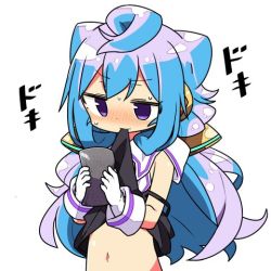 Rule 34 | 10s, 1boy, blue hair, blush, commentary request, gloves, hacka doll, hacka doll 3, kanikama, long hair, lowres, male focus, purple eyes, simple background, solo, sweatdrop, translation request, trap, white background, white gloves