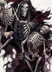 Rule 34 | 1boy, ainz ooal gown, black robe, black sclera, colored sclera, commentary request, death, hood, hood up, horocca, horror (theme), looking at viewer, magic, necromancer, overlord (maruyama), red eyes, ribs, robe, skeleton, skull