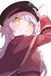 Rule 34 | 1girl, arm up, black hat, breasts, bright pupils, buttons, cape, from below, gloves, goe (g-o-e), grin, hand on headwear, hat, high collar, highres, jacket, light purple hair, long hair, long sleeves, looking at viewer, looking down, medium breasts, official alternate costume, otonashi ichie, peaked cap, red cape, red hat, red jacket, short hair, shoujo kageki revue starlight, shoujo kageki revue starlight -re live-, simple background, sleeve cuffs, smile, solo, two-tone headwear, upper body, white background, white gloves, white pupils, yellow eyes
