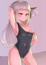 Rule 34 | 1girl, arm behind head, arm up, armpits, bravely default: flying fairy, bravely default (series), bravely second: end layer, breasts, cleavage, clothes pull, flower, hair flower, hair ornament, hashimoto (soukidann2010), highres, long hair, magnolia arch, naughty face, one-piece swimsuit, one-piece swimsuit pull, red eyes, silver hair, smile, solo, swimsuit
