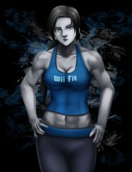Rule 34 | 1girl, abs, black hair, breasts, eyebrows, female focus, gin-1994, grey eyes, highres, muscular, navel, nintendo, pale skin, solo, toned, wii fit, wii fit trainer, wii fit trainer (female)