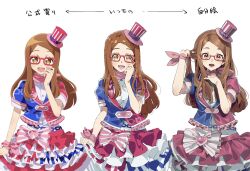 Rule 34 | 1girl, :d, adjusting hair, akai meganee, bow, brown eyes, brown hair, collared shirt, commentary request, cowboy shot, cropped jacket, frilled skirt, frills, glasses, hand up, hat, highres, idol clothes, layered skirt, long hair, looking at viewer, mini hat, mini top hat, multiple style parody, official style, open mouth, parody, pink bow, pink scarf, pretty series, pripara, puffy short sleeves, puffy sleeves, red-framed eyewear, red hat, scarf, shirt, short sleeves, simple background, skirt, smile, standing, style parody, top hat, translation request, tsujii luki, variations, white background, white shirt