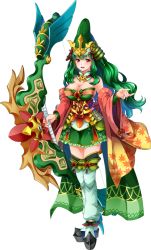 Rule 34 | 1girl, bare shoulders, bow (weapon), breasts, cleavage, detached sleeves, full body, green hair, green skirt, holding, holding bow (weapon), holding weapon, kanna (chaos966), large breasts, long hair, official art, oshiro project:re, oshiro project:re, red eyes, skirt, solo, transparent background, very long hair, weapon, yoshida kooriyama (oshiro project)