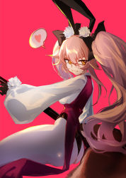 Rule 34 | 1girl, animal ear fluff, animal ears, ass, black bow, black gloves, blush, bow, breasts, coattails, collared shirt, corset, dress shirt, fate/grand order, fate (series), fox tail, glasses, gloves, gun, hair between eyes, hair bow, heart, highres, koyanskaya (assassin) (second ascension) (fate), koyanskaya (fate), large breasts, long hair, long sleeves, looking at viewer, looking back, pantyhose, pink hair, powerless, rabbit ears, rifle, shirt, sidelocks, smile, sniper rifle, solo, spoken heart, tail, tamamo (fate), thighs, twintails, underbust, weapon, white pantyhose, white shirt, yellow eyes
