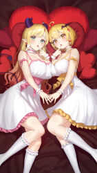 Rule 34 | 2girls, :o, absurdres, ahoge, alternate costume, aqua eyes, armpit crease, bare shoulders, bat hair ornament, bed sheet, black horns, blonde hair, blush, bow, bow earrings, breast press, breasts, choker, cleavage, collarbone, commentary, demon horns, demon tail, dress, earrings, feet out of frame, fingernails, frilled choker, frilled dress, frilled socks, frilled wristband, frills, gradient hair, hair between eyes, hair ornament, hairclip, heart, heart-shaped pillow, heart tail, highres, hololive, horns, jewelry, large breasts, long hair, looking at viewer, lying, multicolored hair, multiple girls, nail polish, nanaushi, on side, open mouth, orange bow, orange eyes, parted bangs, pillow, pink bow, pink nails, pink trim, pointy ears, red bow, red hair, short hair, signature, socks, swept bangs, tail, virtual youtuber, waist bow, white choker, white dress, white socks, yellow bow, yellow nails, yellow trim, yozora mel, yuzuki choco