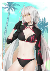 Rule 34 | 1girl, absurdres, ahoge, bikini, black bikini, black gloves, black jacket, breasts, cleavage, closed mouth, commentary request, cropped jacket, fate/grand order, fate (series), fjfs522, gloves, grey hair, hair between eyes, highres, jacket, jeanne d&#039;arc alter (fate), jeanne d&#039;arc alter (swimsuit berserker) (fate), large breasts, long hair, navel, o-ring, official alternate costume, palm tree, solo, stomach, swimsuit, tree, very long hair