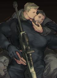 Rule 34 | 2boys, anti-materiel rifle, bara, black gloves, black hair, black pants, black shirt, brown hair, chris redfield, facial hair, finger in another&#039;s mouth, gloves, gun, highres, holding, holding gun, holding weapon, kuconoms, large pectorals, male focus, multiple boys, muscular, muscular male, open mouth, pants, pectorals, piers nivans, resident evil, resident evil 6, rifle, shirt, short hair, sniper rifle, twitter username, weapon, yaoi