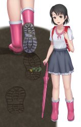 Rule 34 | 1girl, :d, artist request, backpack, bag, black hair, boots, child, close-up, feet, female focus, footprints, grey skirt, hair ornament, hairclip, highres, holding, holding strap, holding umbrella, looking at viewer, open mouth, pink footwear, randoseru, rubber boots, shirt, skirt, smile, solo, standing, umbrella, walking, white shirt