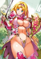 Rule 34 | 1girl, absurdres, armor, bikini armor, blonde hair, blue eyes, breasts, cleavage, comic penguin club, cover, detached collar, faceless, faceless male, fingerless gloves, gauntlets, gloves, hair ornament, highleg, highleg panties, highres, holding, holding sword, holding weapon, jewelry, large breasts, lips, long hair, long nose, looking at viewer, magazine cover, navel, open mouth, original, panties, pauldrons, saburou (hgmg), scan, shield, shiny skin, shoulder armor, solo, solo focus, sword, teeth, tiara, underwear, weapon