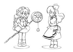 Rule 34 | 1980s (style), 2girls, apron, ascot, bad id, bad twitter id, bow, commentary request, crystal, curly hair, ellen (touhou), flandre scarlet, full body, greyscale, hair bow, hand on own chin, hat, holding, holding staff, long hair, mob cap, monochrome, multiple girls, oldschool, puffy short sleeves, puffy sleeves, retro artstyle, shirt, short hair, short sleeves, simple background, skirt, socks, staff, standing, takemoto izumi (style), touhou, very long hair, vest, white background, wings, yatyou